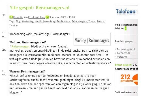 Reismanagers.nl gespot op Frankwatching