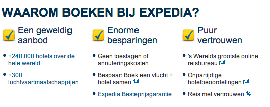 De USP's van Expedia, geformuleerd als voordelen voor de klant