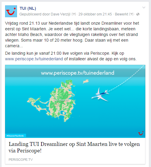 Aankondiging Periscope broadcast TUI Dreamliner landing op Sint Maarten